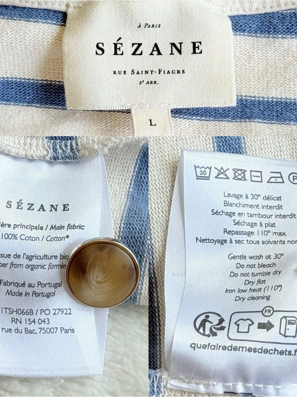 Sezane Colette Cotton Stripes Ivory Blue Crewneck Long Sleeve T-shirt L - Picture 10 of 10